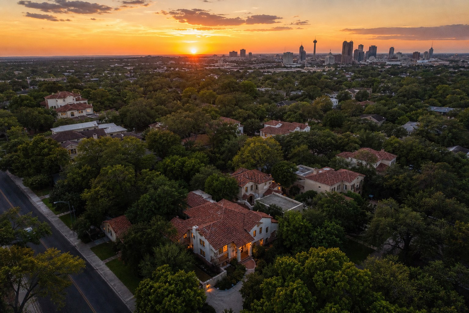 A leafy San Antonio neighborhood at sunset