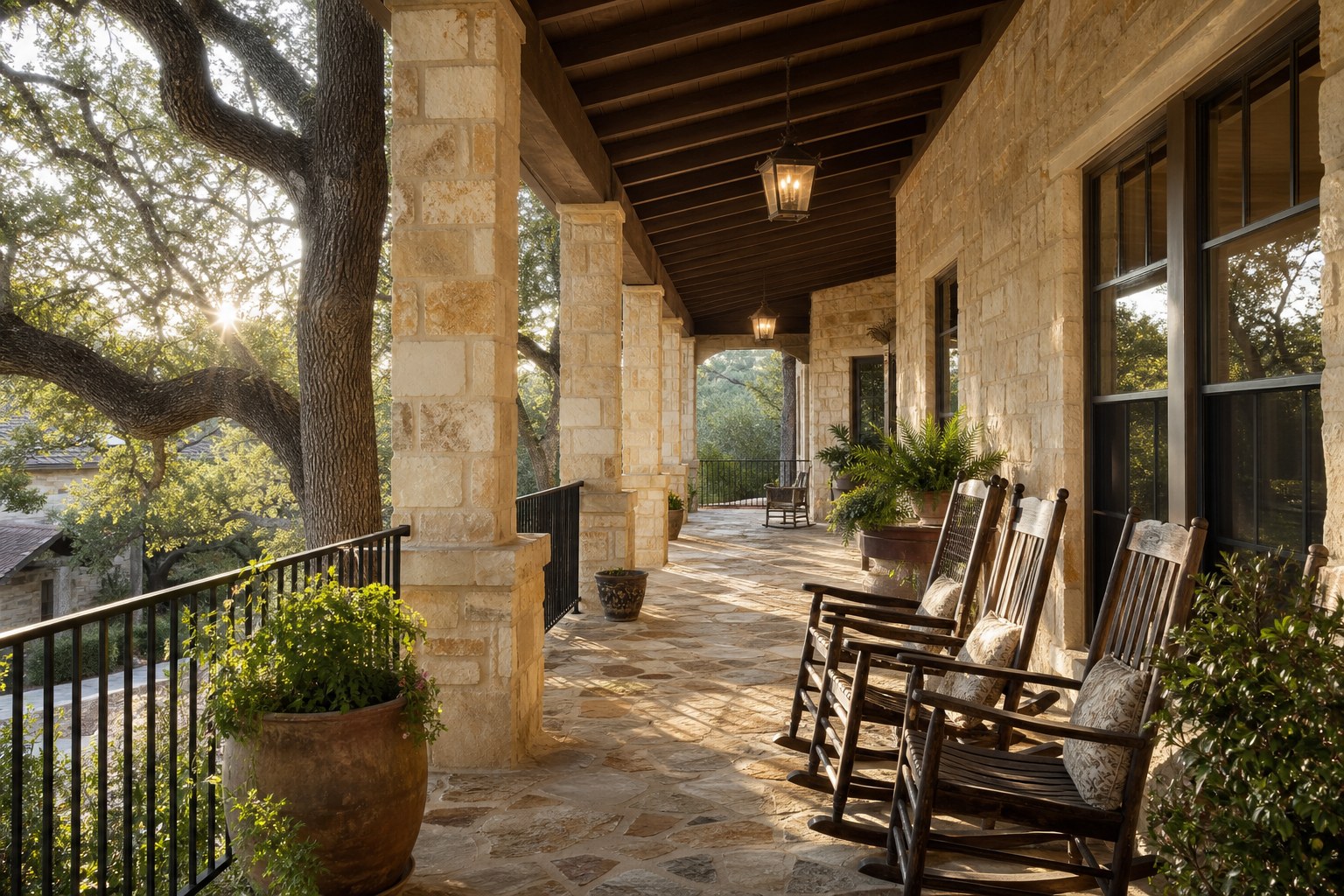 Sunlit stone porch of a San Antonio home